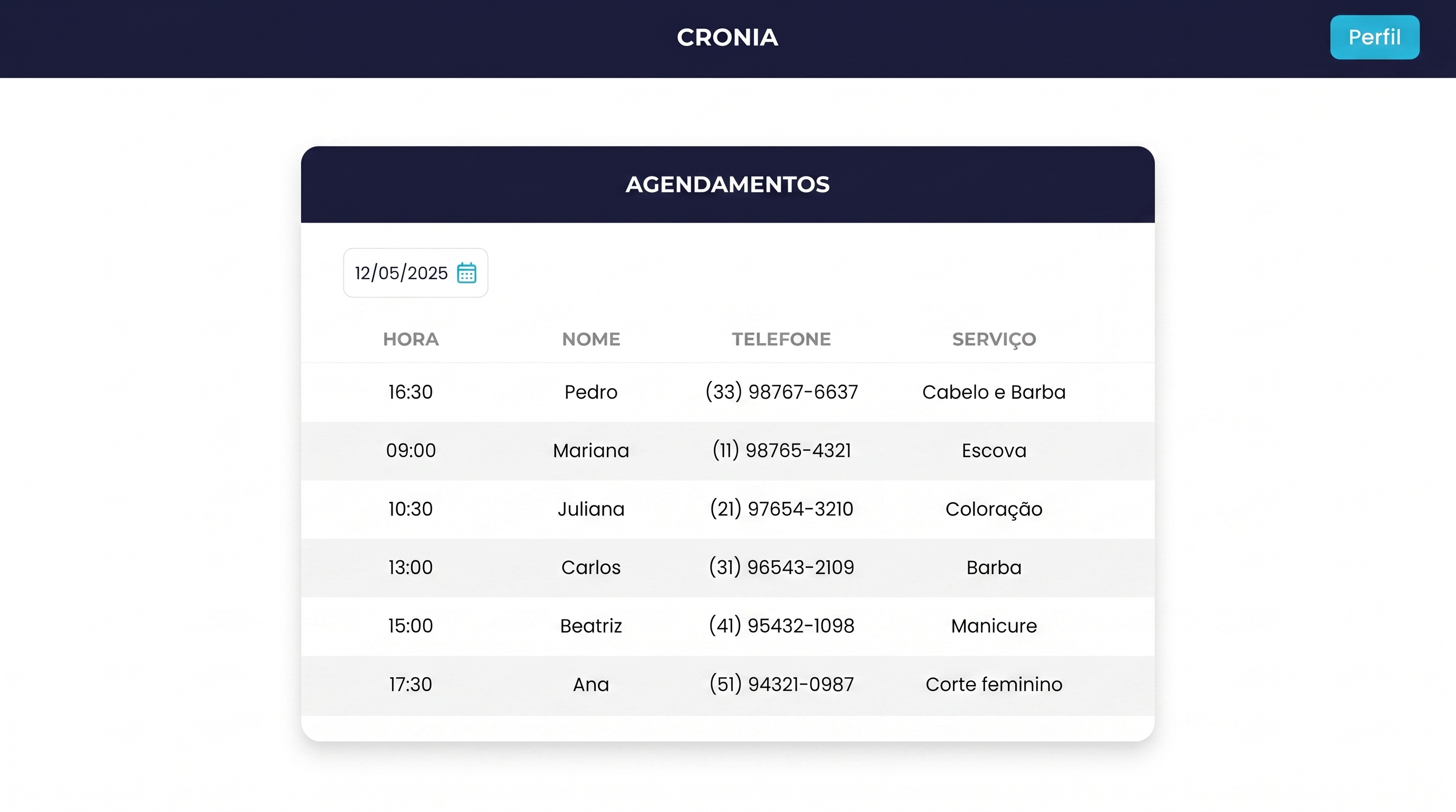Painel da Cronia mostrando agendamentos do dia: profissional, horário, cliente e serviço