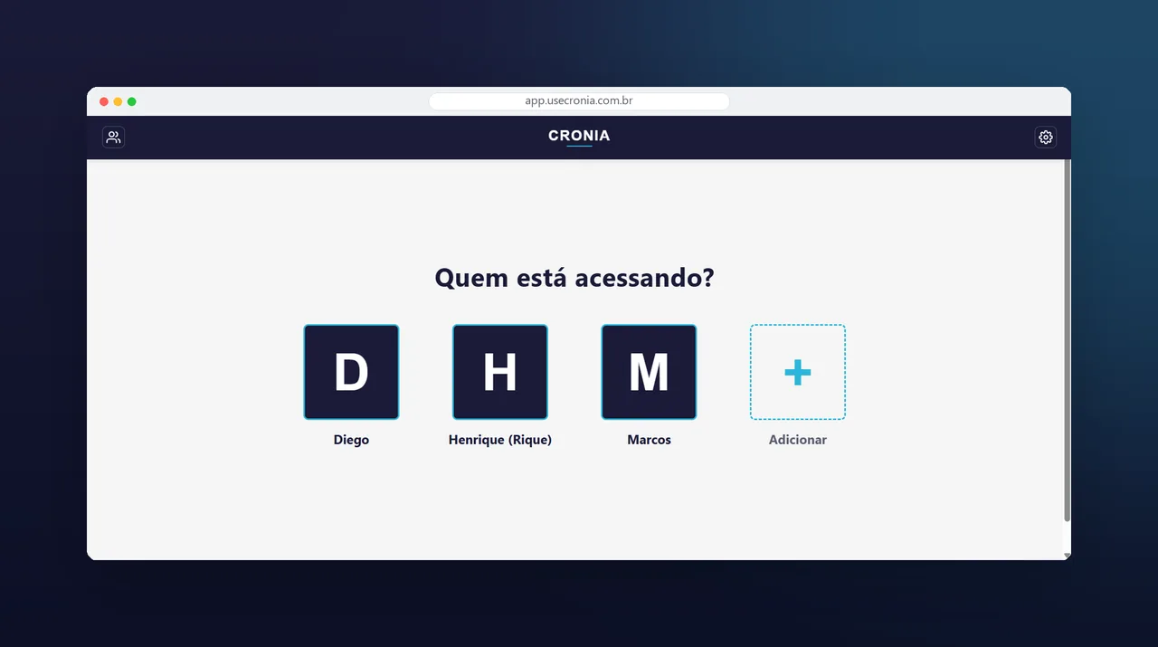 Tela da Cronia com os perfis dos profissionais do salão, cada um com acesso à própria agenda